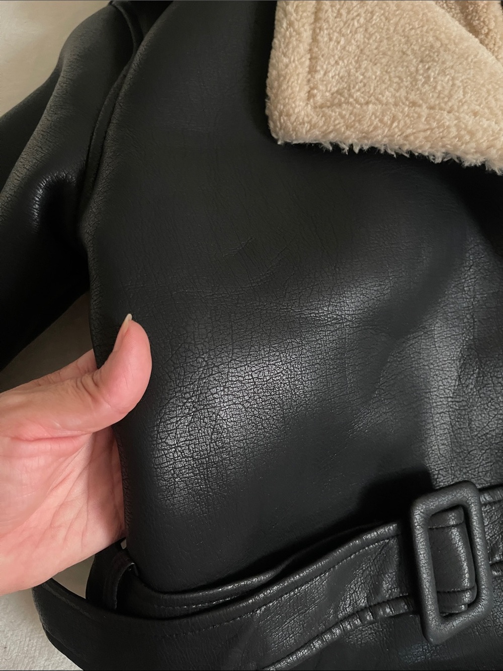 Commense Black Faux Leather Biker Jacket with Cream Shearling Collar - Picture 3 of 9